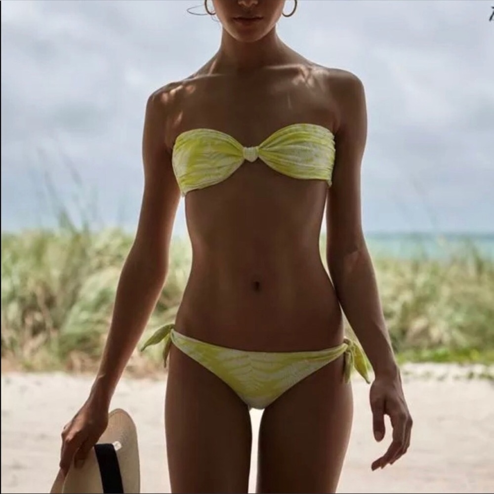 Mikoh Lilikoi Carmel Bikini Top Yellow White Fern Knotted Bandeau Boho Swimsuit